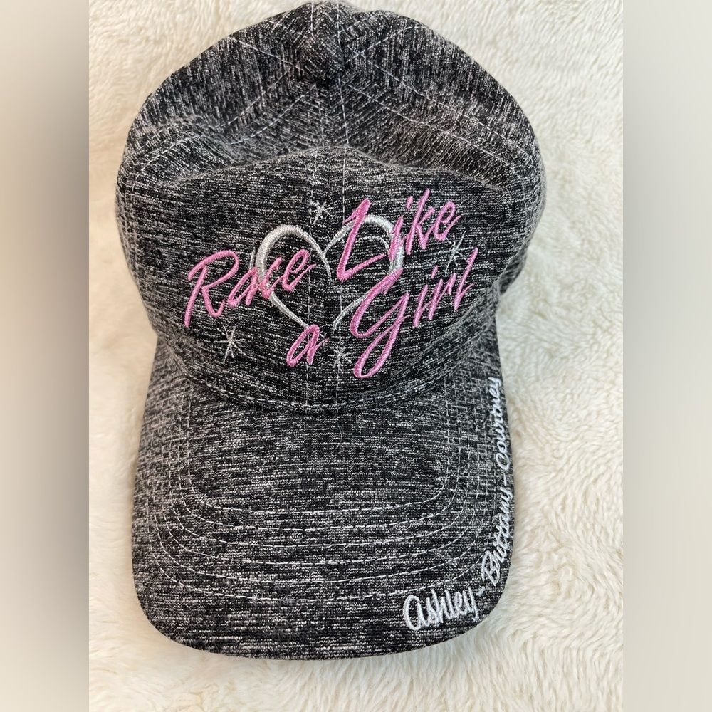 “Race Like a Girl” Gray Baseball Cap | Pink Embroidery | Adjustable Strap